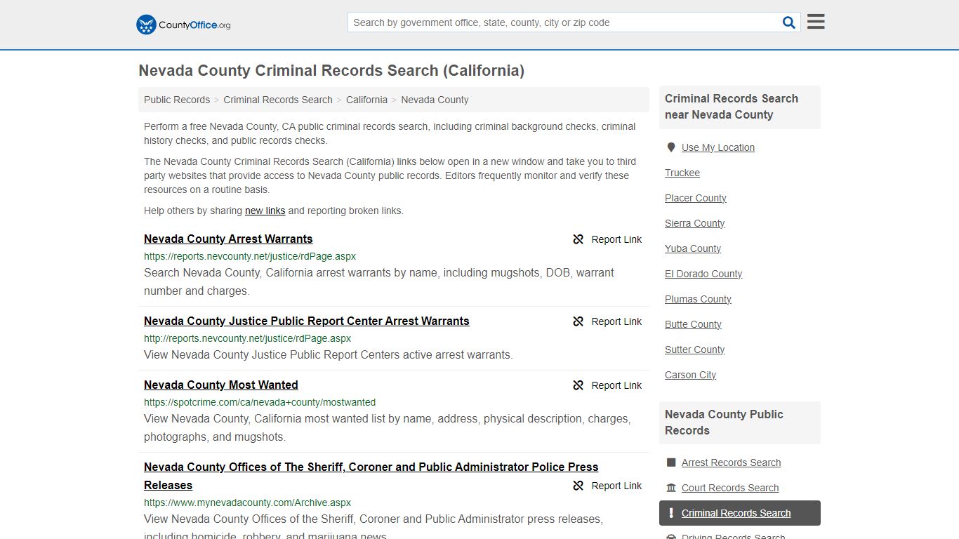 Nevada County Criminal Records Search (California) - County Office